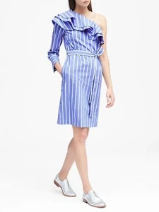 NWT Banana Republic One-Shoulder Ruffled Shirtdress, Blue, sz 4 Tall #165492 - Picture 1 of 3