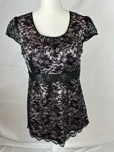 Motherhood Maternity Women Stretchy Cap Sleeve Tie Front Lace Peplum Top Black M - Picture 1 of 7