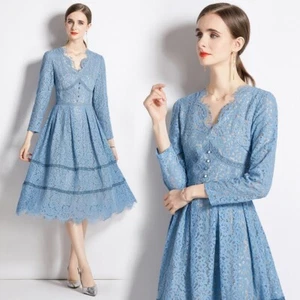 Runway Fashion Elegant Lace Dress V-Neck, Long Sleeve Cocktail Party Office Wear - Picture 1 of 8