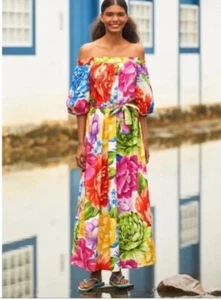 Maxi Vestido FARM RIO Arco Iris Chita Midi con Cinturón Para Mujer Talla M Hombro Descubierto Tropical - Imagen 1 de 9