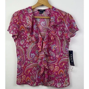 Camicetta Chaps taglia 4 rosa paisley semi trasparente volant bottoni manica svolazzante nuova con etichette vintage - Foto 1 di 8