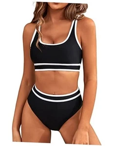 Women's High Waisted Bikini Sets Sporty Two Piece Medium Color Block Black011 - Picture 1 of 7