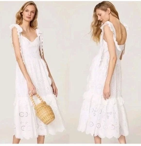 LoveShackFancy Sz 2 Antonella White Eyelet Cotton Tiered Dress Tie Shoulder Midi - Picture 1 of 14