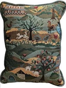 Americana Country Farmstead Tapestry Pillow Large Pastoral Whimsical Folk Animal - Picture 1 of 10