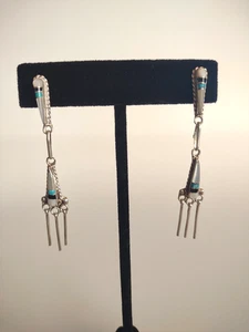 Pendientes colgantes vintage Zuni de plata esterlina con incrustaciones de ónix turquesa 2,5" - Imagen 1 de 8