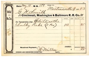 1883 Cincinnati, Washington & Baltimore Railroad Freight Receipt – Martinsville - Picture 1 of 2