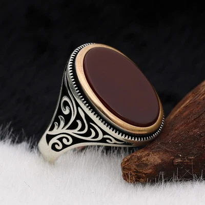 925 Sterling Silver Flat Oval Agate Stone Elegant Handmade Men's Ring - Image 1 of 4