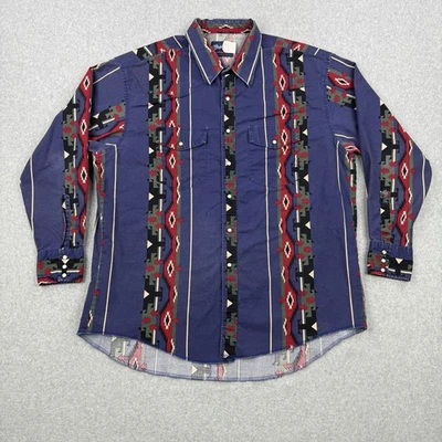 Vintage Wrangler Shirt Mens 2XL Blue Pearl Snap Aztec Brushpopper Western Cowboy - Image 1 of 4