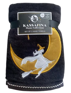 Kassafina Witch on Moon Embroidered Hand Towels Set of 2 Black Gold Halloween - Picture 1 of 4