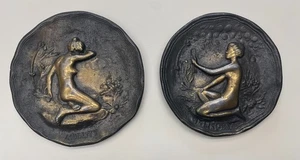 VERY RARE 1920s Canadian Antique Pair Beauty Nude Relief CastMetal Medallions VG - Bild 1 von 11