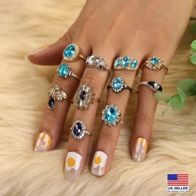 Juego de 11 piezas de anillos retro para dedos valor cristal circonita cúbica anillos para nudillos joyería Bling 1892 Foto 1 de 4