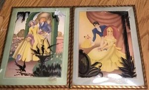 Vintage 8x6" Reverse Painted Silhouette Convex Glass Picture Set Of 2 - Picture 1 of 6