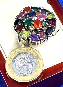 Very Large Vintage Sterling Silver & Multi Gemstone Ring Size T - Picture 1 of 12