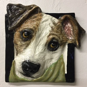 Jack Russell Terrier Keramik Hund Fliese Flachrelief Handarbeit Sondra Alexander Art - Bild 1 von 4