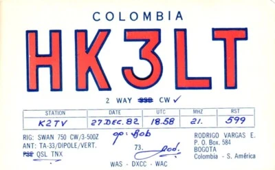 Tarjeta Postal Radio Bogotá Colombia HK3LT QSL Foto 1 de 2