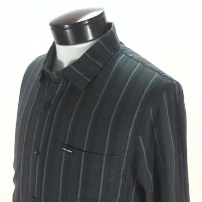 VOLCOM Shirt Button Up Olive Green Stripe Modern Fit L/S Cotton Casual Mens $60 - Image 1 of 4