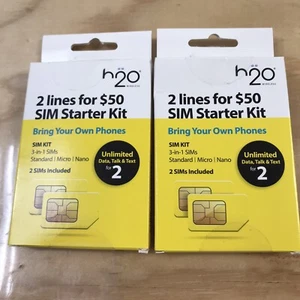2-h20 Wireless 2 Lines For $50 SIM Starter Kit 3-in-1 Unlimited Data Talk Text - Picture 1 of 2