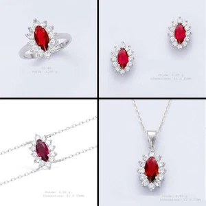Parure 4PC T54 Rhodié Marquise Oeil 15mm de Rubis Diamant Cz Argent Dolly-Bijoux - Picture 1 of 7