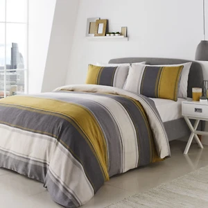 Betley Stripe Ochre & Grey Duvet Set Choice of Sizes - Picture 1 of 6