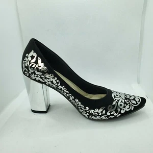Women's Black floral platform 3"1/2 high heel dress shoe Luxury Hand made sz6.5 - Picture 1 of 11