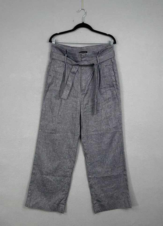 Banana Republic Pants Womens 12 Gray Linen Blend Paperbag Tie Belt Wide Leg - Image 1 of 4