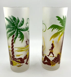 Vintage Federal Frosted Tom Collins Glasses Caveman Tropics Tiki Spicy Bar Ware - Picture 1 of 5