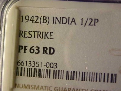 INDIA 1/2 PICE 1943-B RESTRIKE NGC PROOF 63 RED RARE - Image 1 of 3