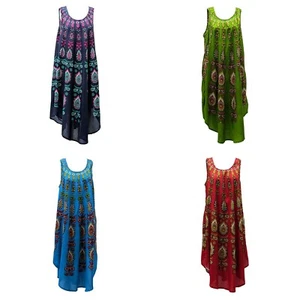 LADIES BOHO BATIK ETHNIC COVER UP LOUNGE BEACH SUN SLEEVELESS UMBRELLA DRESS - Picture 1 of 13