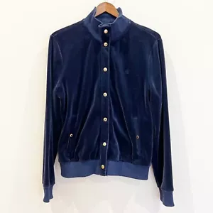 Ralph Lauren Jacket Womens Large Velour Snap Blue Gold Old Money Track Luxury - Picture 1 of 10