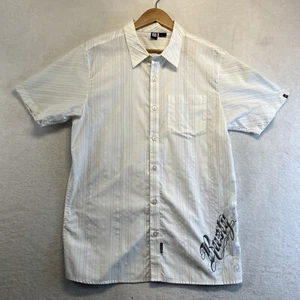 Rusty Shirt Men Large White Striped Button Up Short Sleeve Skater Surf Logo - Picture 1 of 8