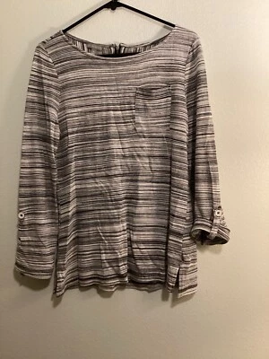 T By Talbots, Sz Mp, Blk/Wht Striped Tunic Blouse, Roll Tab LS, Pocket, New - Image 1 of 3