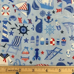 Nautical Beach Retreat Collage Blue Cotton Fabric 30 x 42 Marcus Studio 37 - Picture 1 of 11