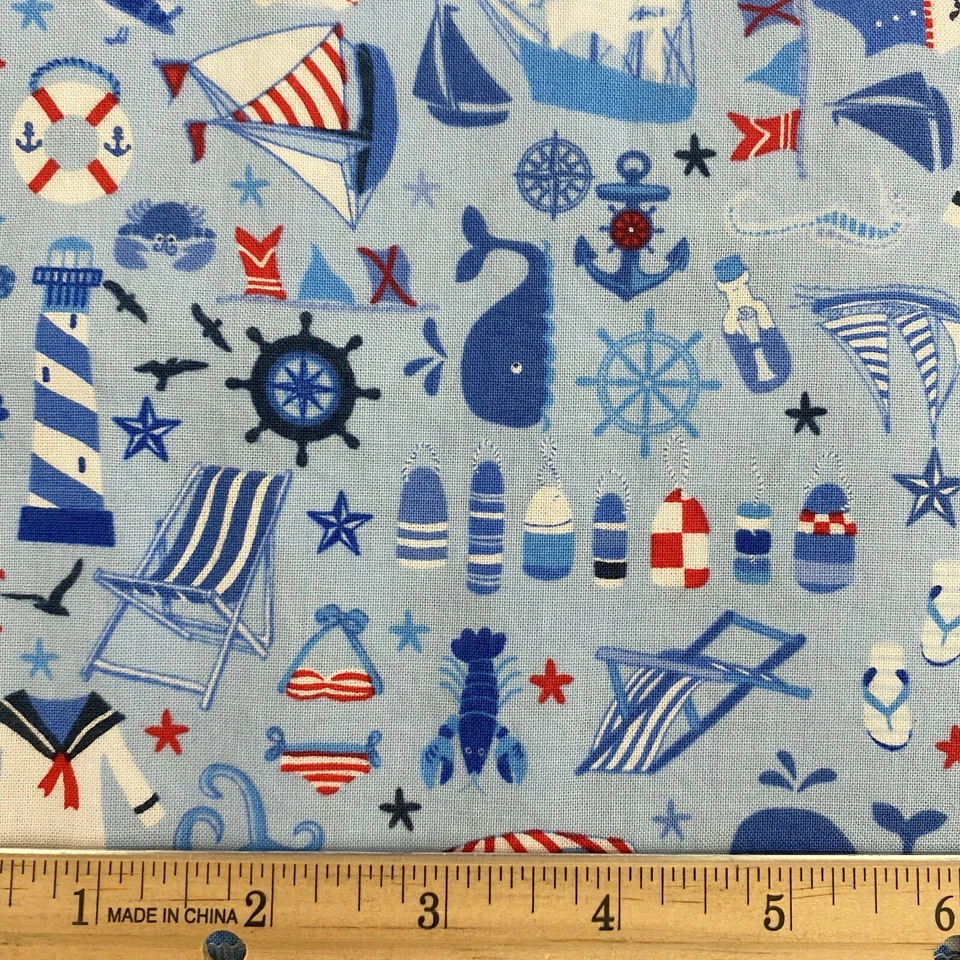 Nautical Beach Retreat Collage Blue Cotton Fabric 30 x 42 Marcus Studio 37 - Image 1 of 4