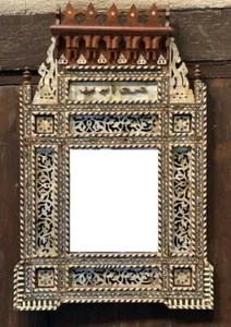 Vintage Wall Mounted Mirror Beech Wood Frame Inlaid Mother of Pearl - Picture 1 of 12