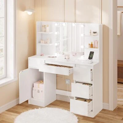 White Dressing Table Wood Makeup Desk with Mirror LED Lights 5 Drawers 4 Shelves - Image 1 of 4