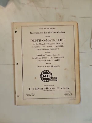Massey-Harris Depth O MATIC System Installation Instructions 30 & 44 Tractors  - Image 1 of 4