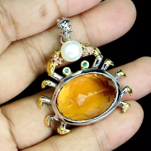925 Pendente Argento Sterling Citrino 36 KT Smeraldo Fatto a Mano Perla Granchio - Foto 1 di 13