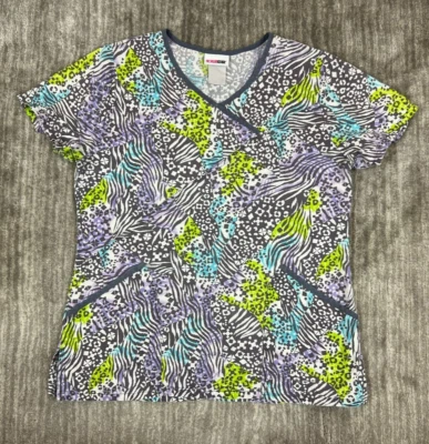Scrubstar Scrub Top Womens Small Gray Nurses Uniform Animal Geometric Pattern - Image 1 of 4