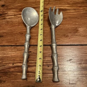 VTG 1996 Mariposa Heavy Cast Aluminum Salad Serving Utensils Bamboo Pattern - Picture 1 of 3