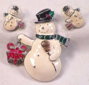 Snowman Necklace Pendant & Earrings Silvertone Metal Enamel Pierced Christmas - Picture 1 of 7