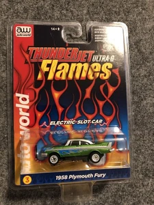 AW Auto World - Flames Series - 1958 Plymouth Fury HO Slot Car, New in Package - Picture 1 of 5