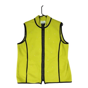 Quaker Factory Fleece Vest sz XL Women Lime Green Black Rhinestones Embellished - Picture 1 of 12
