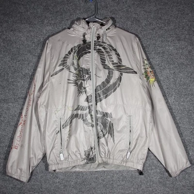 Y2K Ed Hardy куртка мужская M серый сетки с подкладкой Packable толстовка с капюшоном полный молнии выцветший - Изображение 1 из 4