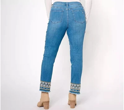 Susan Graver Jeans Women’s 20 Straight Leg Medium Wash Embroidered Hem Boho - Image 1 of 4