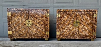 Vintage pair Henredon faux tortoise shell cabinets sideboard nightstands brass - Image 1 of 4