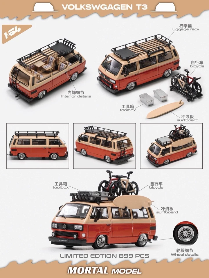 Mortal 1:64 Volkswagen T3 modelo de carro fundido Ltd899 com acessórios colecionáveis vermelho - Imagem 1 de 1