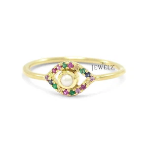 14K Gold Freshwater Pearl And Multi Sapphire Rainbow Evil Eye - The Jewelz - Picture 1 of 3