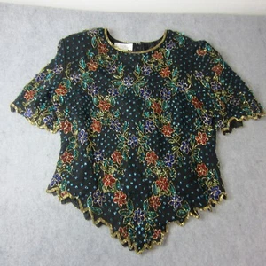 Laurence Kazar Top Adult Women Beaded Floral Short Sleeve Blouse Silk 2X Plus - Picture 1 of 20