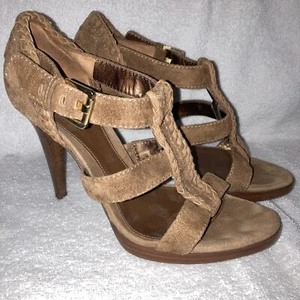 Sergio Rossi hellbraune Wildleder-Sandalen Peitschenstich Western geschlossen hinten hoher Absatz Größe 6 - Bild 1 von 10