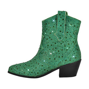 Women's Rhinestone Pointed Toe Block Heels Pull On Classic Cowboy Ankle Booties